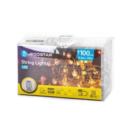 Aigostar - LED-Außen-Lichterkette 100×LED/3×AA/8 Funktionen 10,3 m IP44 warmweiß