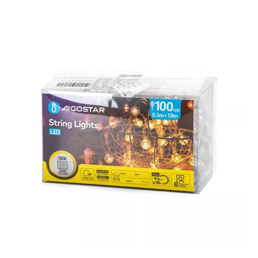 Aigostar - LED-Außen-Lichterkette 100×LED/3×AA/8 Funktionen 10,3 m IP44 warmweiß