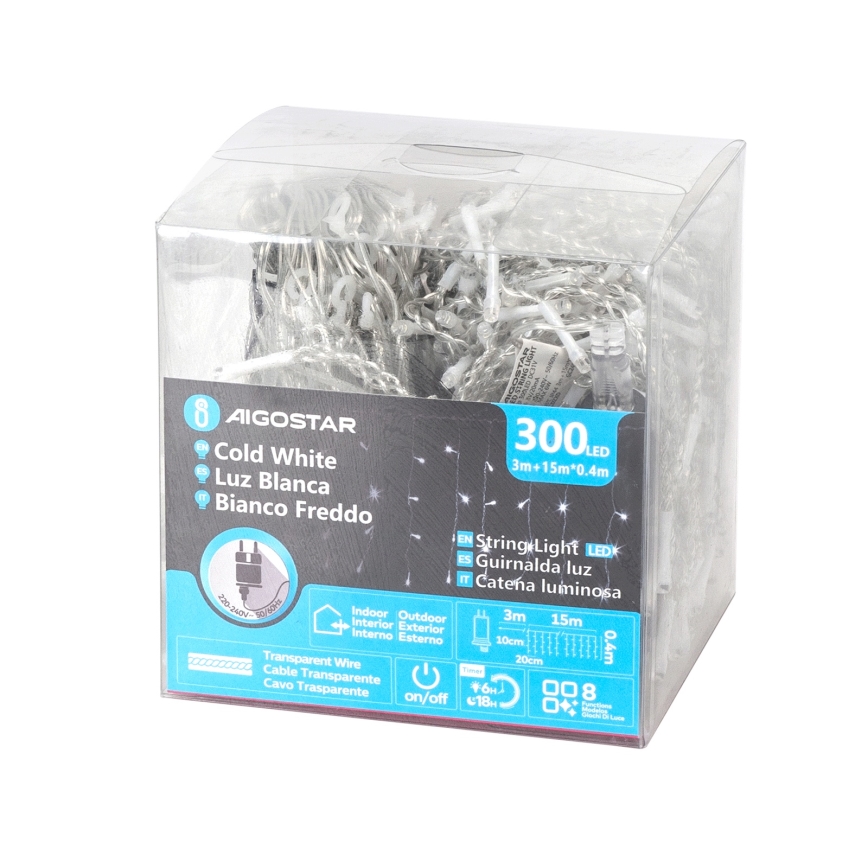 Aigostar - LED-Außen-Lichterkette 300xLED/8 Funktionen 15x0,4 m IP44 kaltweiß