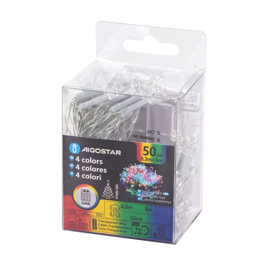 Aigostar - LED-Außenlichterkette 50xLED/8 Funktionen 3xAA 5,3 m IP44 mehrfarbig