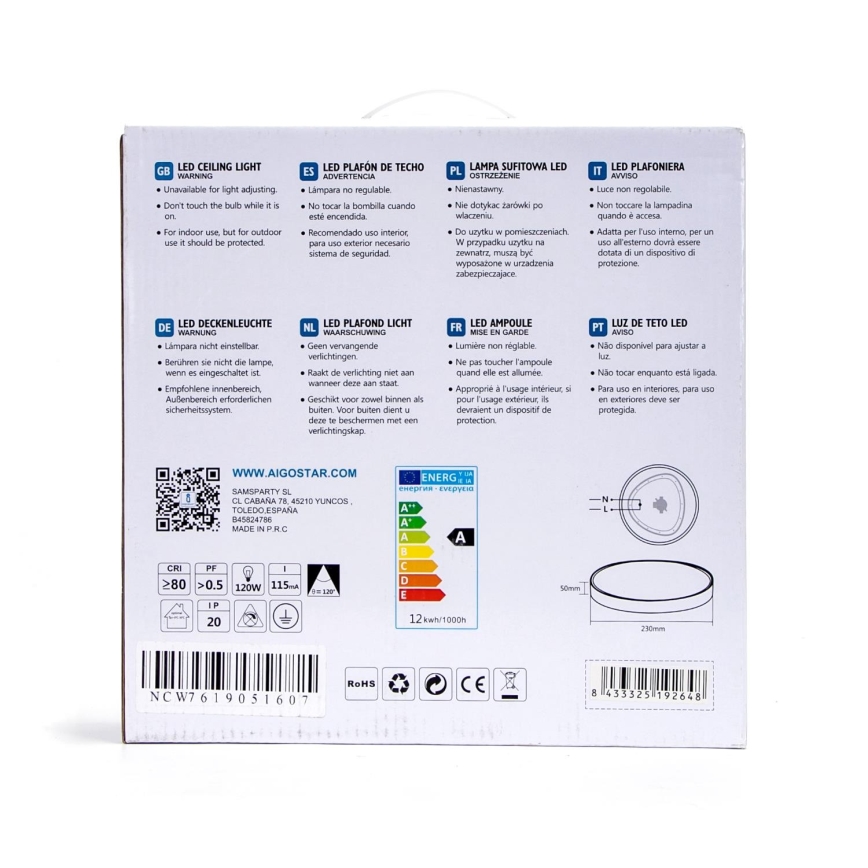 Aigostar - LED-Deckenleuchte LED/12W/230V 3000K d. 23 cm weiß