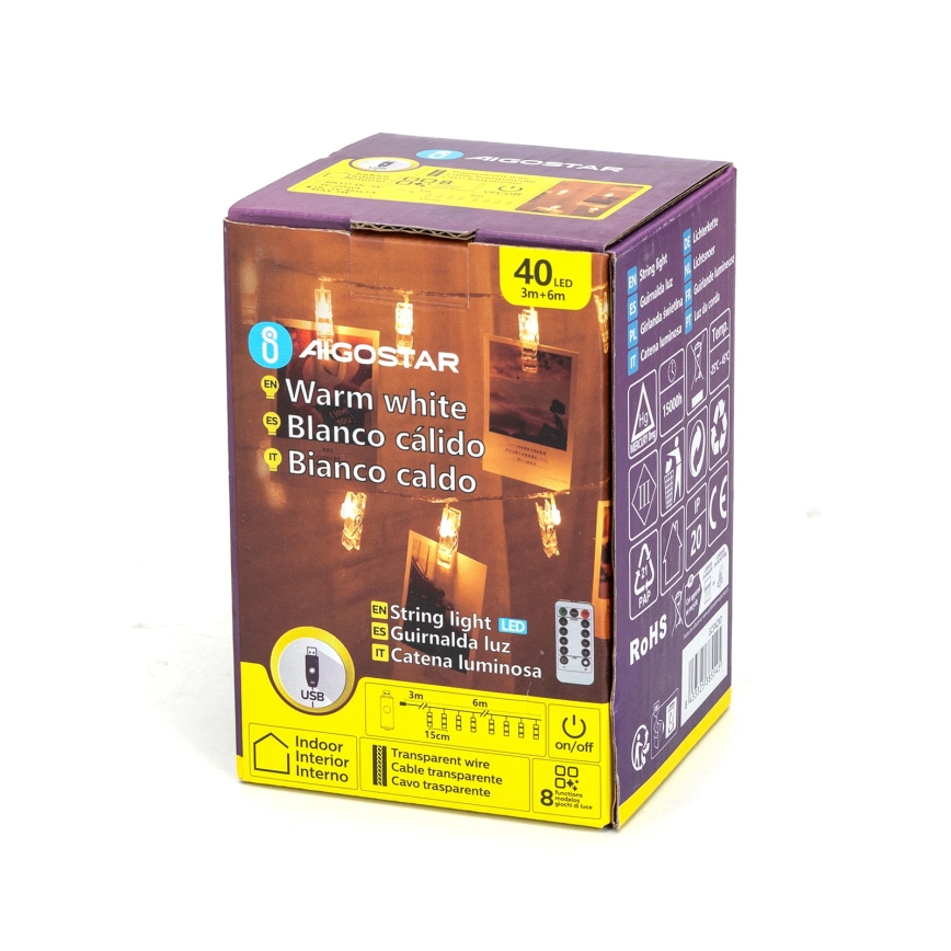 Aigostar - LED-Dekorations-Lichterkette 40 LEDs / 5 W / USB, 9 m, warmweiß