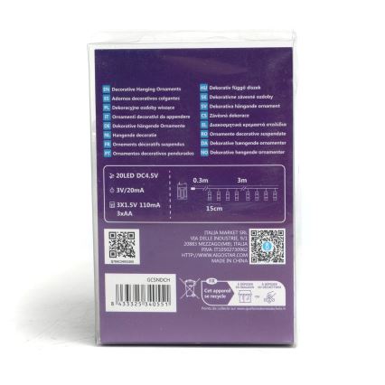 Aigostar - LED-Dekorationskette mit Klammern, 20x LED / 3x AA, 3,3 m, warmweiß