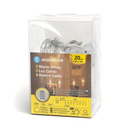 Aigostar - LED Dekorationskette mit Wäscheklammern 20xLED/3xAA 3,3m warmweiß