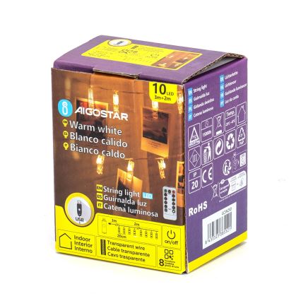 Aigostar - LED Dekorationslichterkette 10xLED/5W/USB 5 m warmweiß