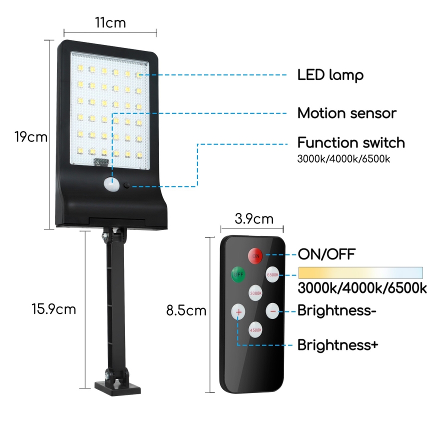 Aigostar - LED dimmbare Solarlampe mit Sensor LED/2,3W/5,5V IP65 1800 mAh + Fernbedienung
