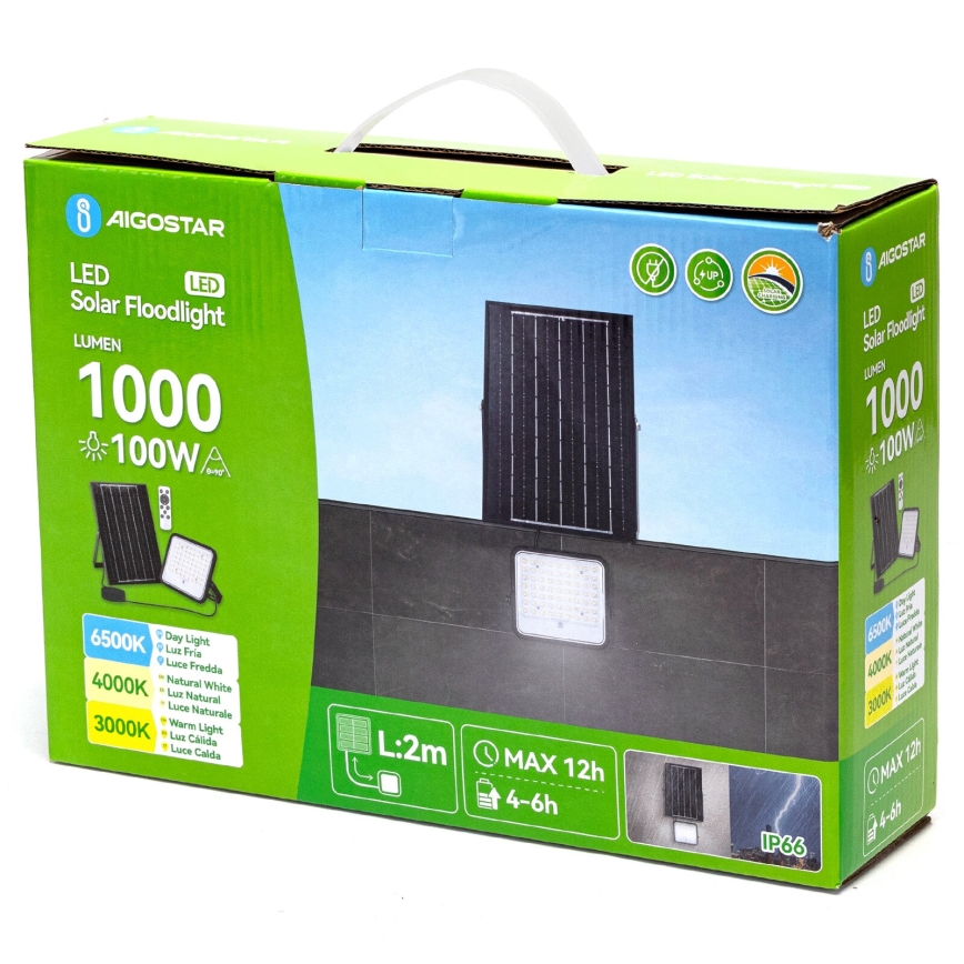 Aigostar - LED Dimmbarer Solarstrahler LED/100W/3,4V 3000/4000/6500K IP66 8000 mAh + Fernbedienung