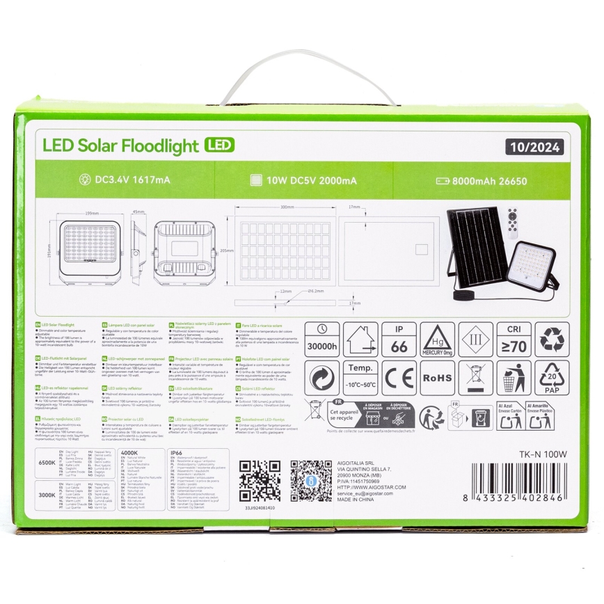 Aigostar - LED Dimmbarer Solarstrahler LED/100W/3,4V 3000/4000/6500K IP66 8000 mAh + Fernbedienung