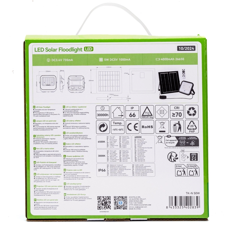 Aigostar - LED dimmbarer Solarstrahler LED/50W/3,4V 3000/4000/6500K IP66 4000 mAh + Fernbedienung