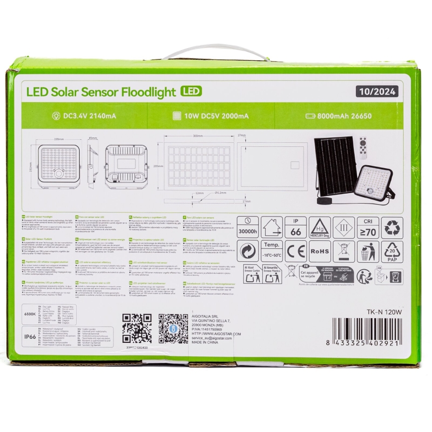 Aigostar - LED Dimmbarer Solarstrahler mit Sensor LED/120W/3,4V 6500K IP66 8000 mAh + Fernbedienung