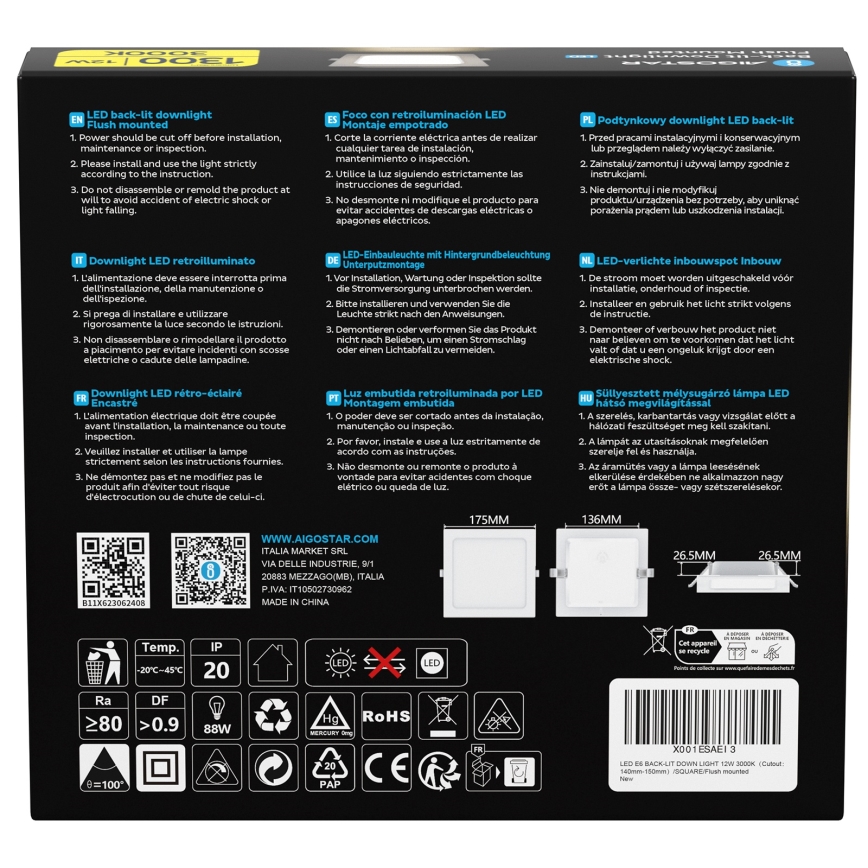 Aigostar - LED Einbauleuchte LED/12W/230V 3000K 17,5x17,5 cm weiß
