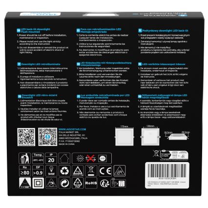 Aigostar - LED Einbauleuchte LED/12W/230V 6500K 17,5x17,5 cm weiß