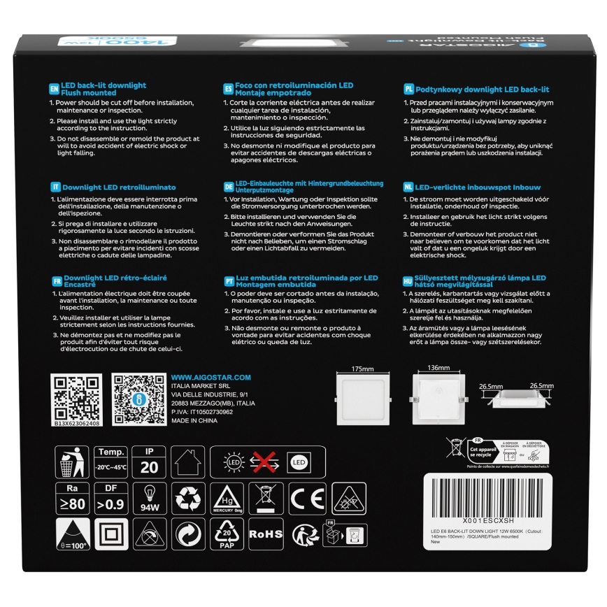 Aigostar - LED Einbauleuchte LED/12W/230V 6500K 17,5x17,5 cm weiß