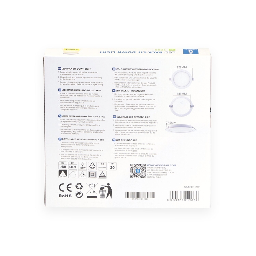 Aigostar - LED-Einbauleuchte LED/18W/230V 3000K d 27,5 cm weiß