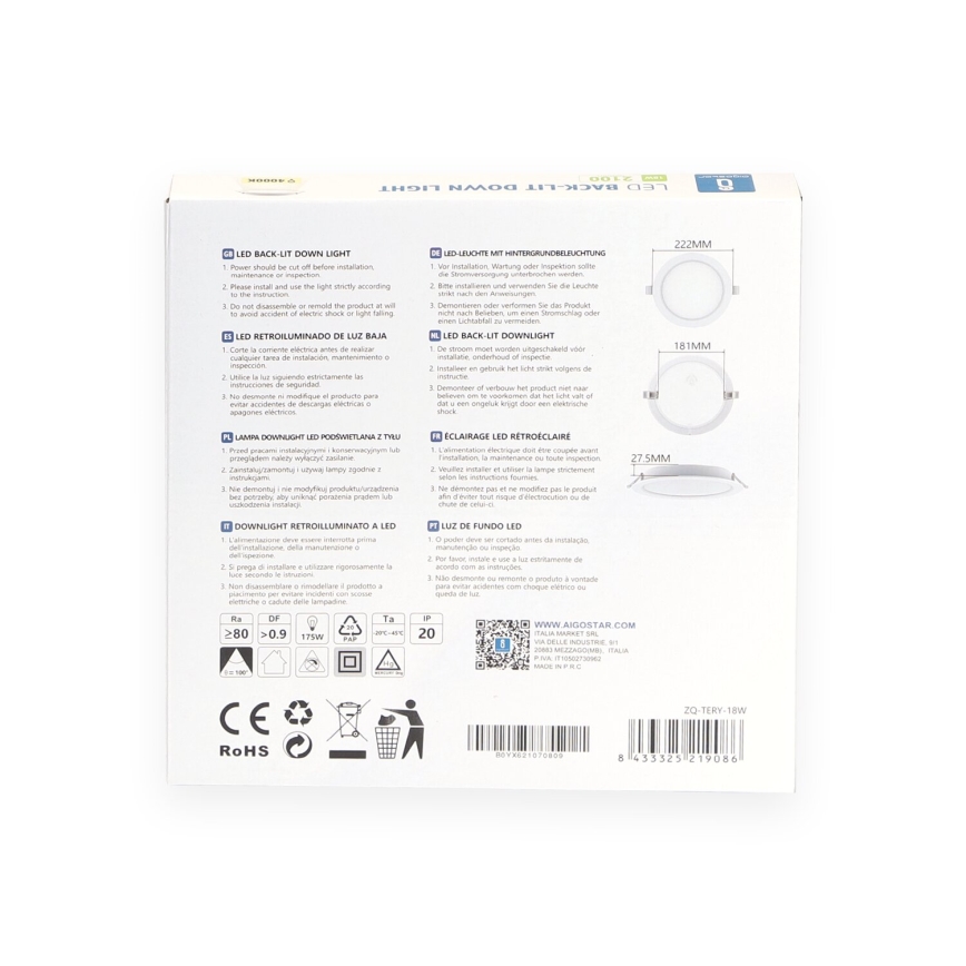 Aigostar - LED-Einbauleuchte LED/18W/230V 4000K d 22 cm weiß