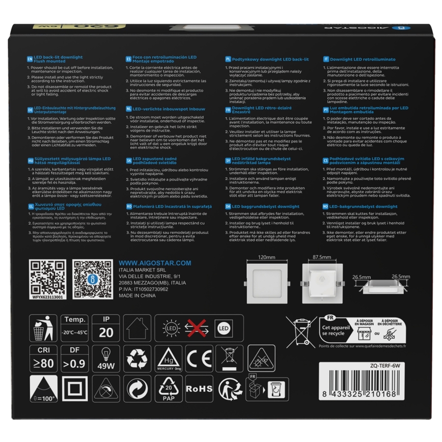 Aigostar - LED Einbauleuchte LED/6W/230V 4000K 12x12 cm weiß