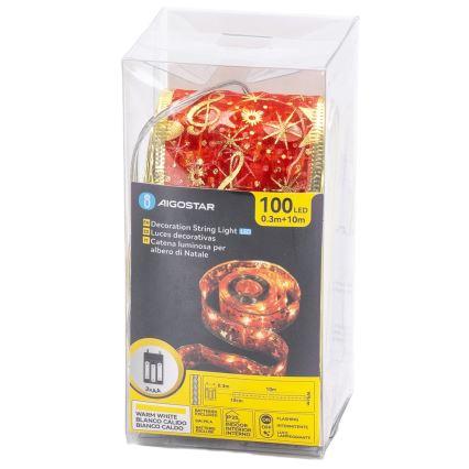 Aigostar - LED-Lichterkette 100xLED/3xAA 10 m warmweiß rot