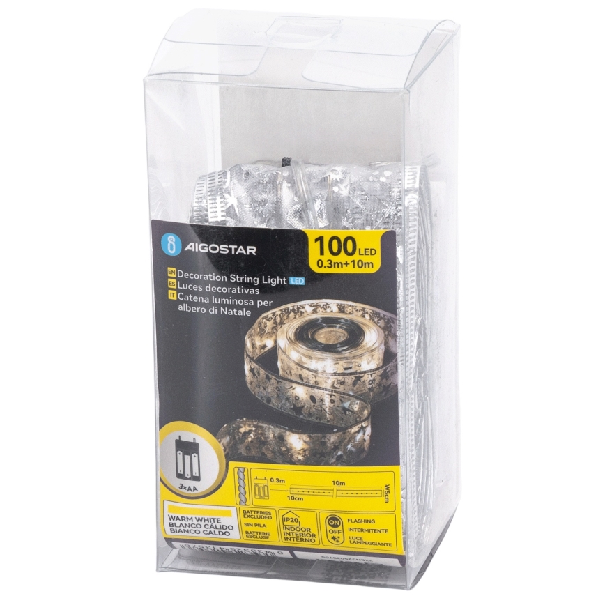 Aigostar - LED-Lichterkette, 100 LEDs, 3×AA, 10 m, Warmweiß, Silber