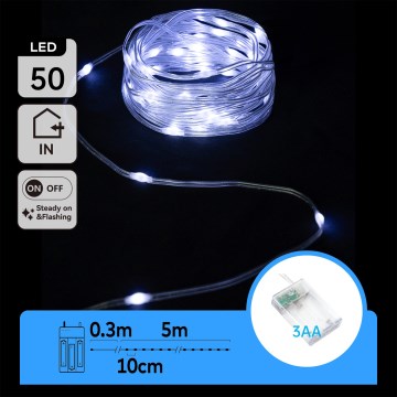 Aigostar - LED-Lichterkette 50 LEDs, 3× AA, 5,3 m, kaltweiß