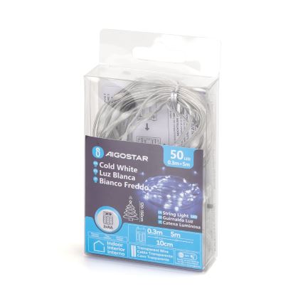 Aigostar - LED-Lichterkette 50 LEDs, 3× AA, 5,3 m, kaltweiß