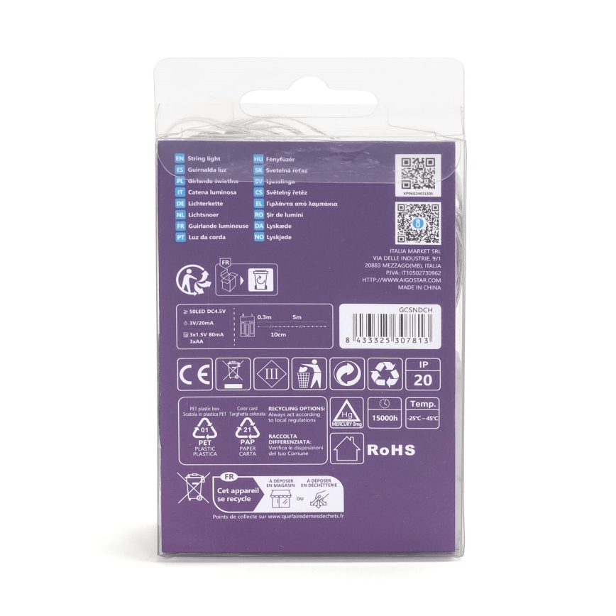 Aigostar - LED-Lichterkette 50xLED/3xAA 5,3 m warmweiß