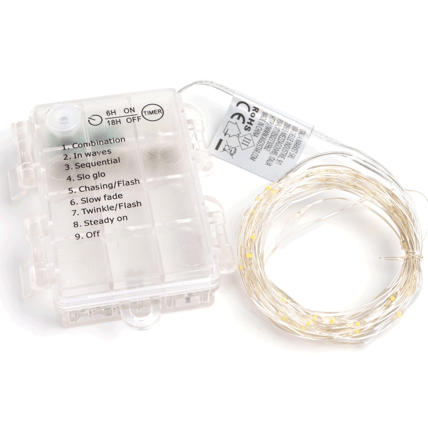Aigostar - LED-Lichterkette für den Außenbereich, 50 LEDs, 8 Funktionen, 3×AA, 5,3 m, warmweiß