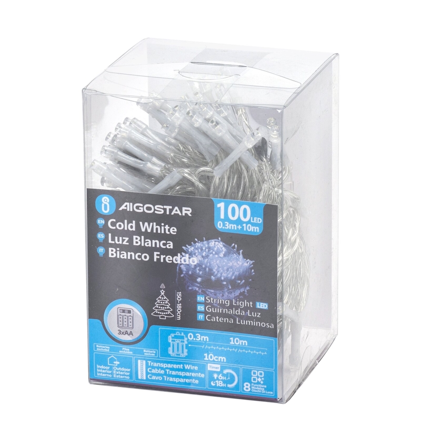 Aigostar - LED-Außen-Lichterkette 100xLED/8 Funktionen/3xAA 10,3m IP44 kaltweiß