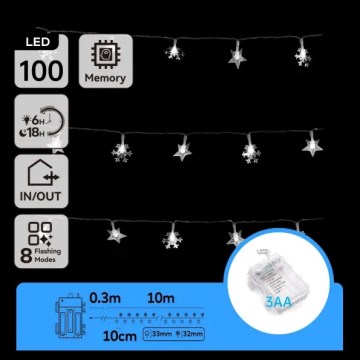 Aigostar - LED-Lichterkette für den Außenbereich 100xLED/8 Funktionen 3xAA 10 m IP44 kaltweiß