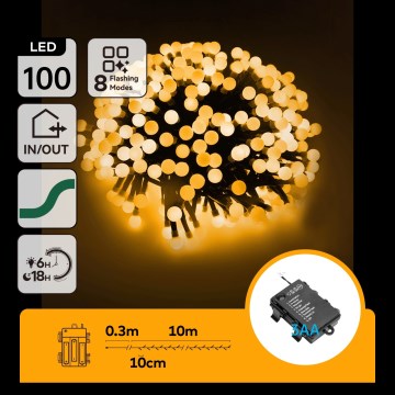 Aigostar - LED-Lichterkette für den Außenbereich, 100×LED, 8 Funktionen, 3×AA, 10,3 m, IP44, Warmweiß