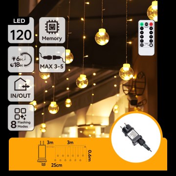Aigostar - LED-Lichterkette für den Außenbereich, 120 LEDs / 8 Funktionen, 3×0,6 m, IP44, warmweiß, mit Fernbedienung
