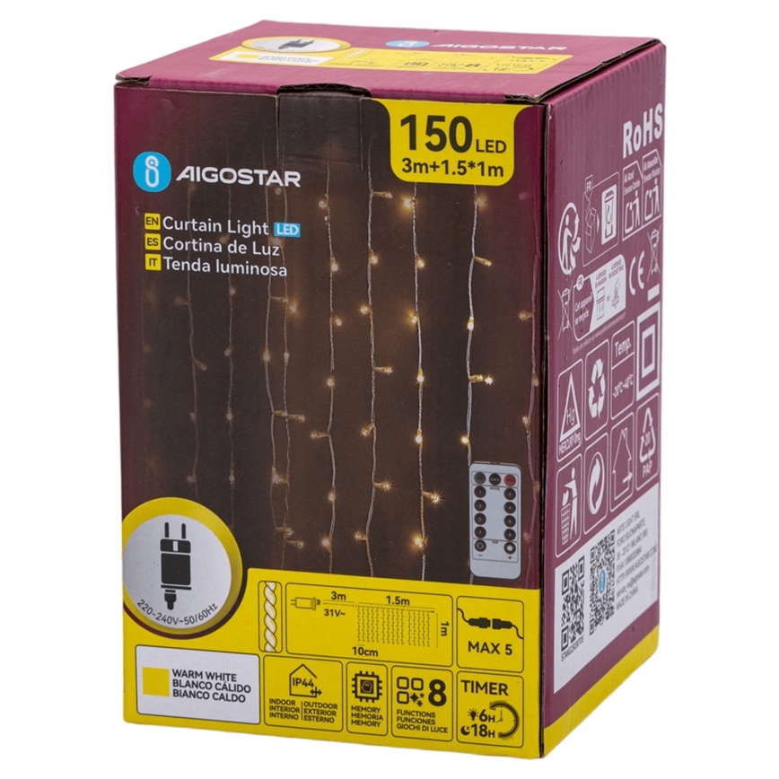 Aigostar - LED-Außen-Weihnachtslichterkette 150 LEDs/6W/230V/8 Funktionen 1,5x1m IP44 warmweiß + Fernbedienung