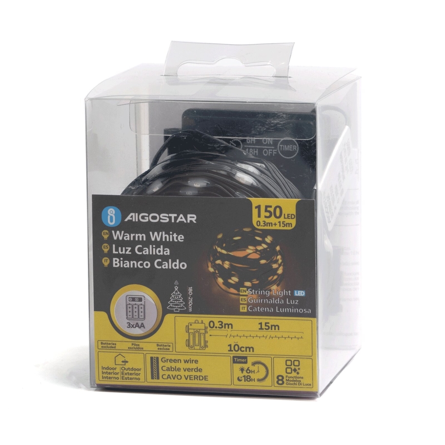 Aigostar - LED-Lichterkette für den Außenbereich, 150 LEDs, 8 Funktionen, 3×AA, 15,3 m, IP44, warmweiß