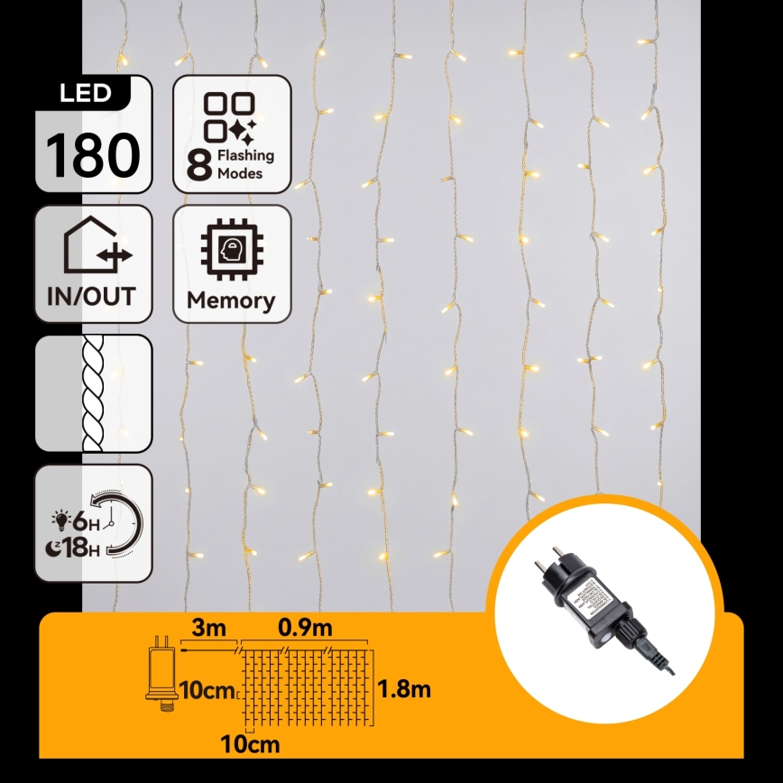Aigostar - LED-Lichterkette für den Außenbereich, 180 LEDs / 8 Funktionen, 3,9 x 1,8 m, IP44, warmweiß