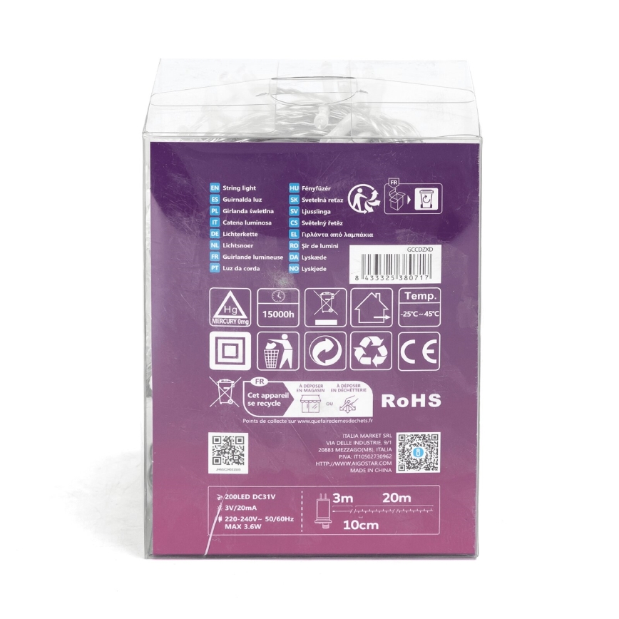 Aigostar - LED-Lichterkette für den Außenbereich, 200 LEDs, 8 Funktionen, 23 m, IP44, kaltweiß