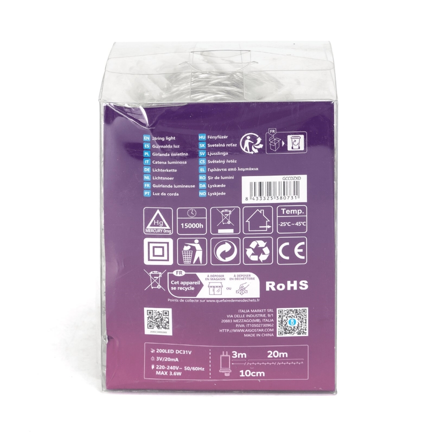 Aigostar - LED-Lichterkette für den Außenbereich, 200 LEDs / 8 Funktionen, 23 m, IP44, warmweiß