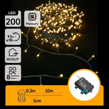 Aigostar - LED-Lichterkette für den Außenbereich, 200 LEDs / 8 Funktionen, 3×AA, 10,3 m, IP44, warmweiß