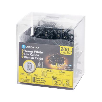 Aigostar - LED-Lichterkette für den Außenbereich, 200 LEDs / 8 Funktionen, 3×AA, 10,3 m, IP44, warmweiß