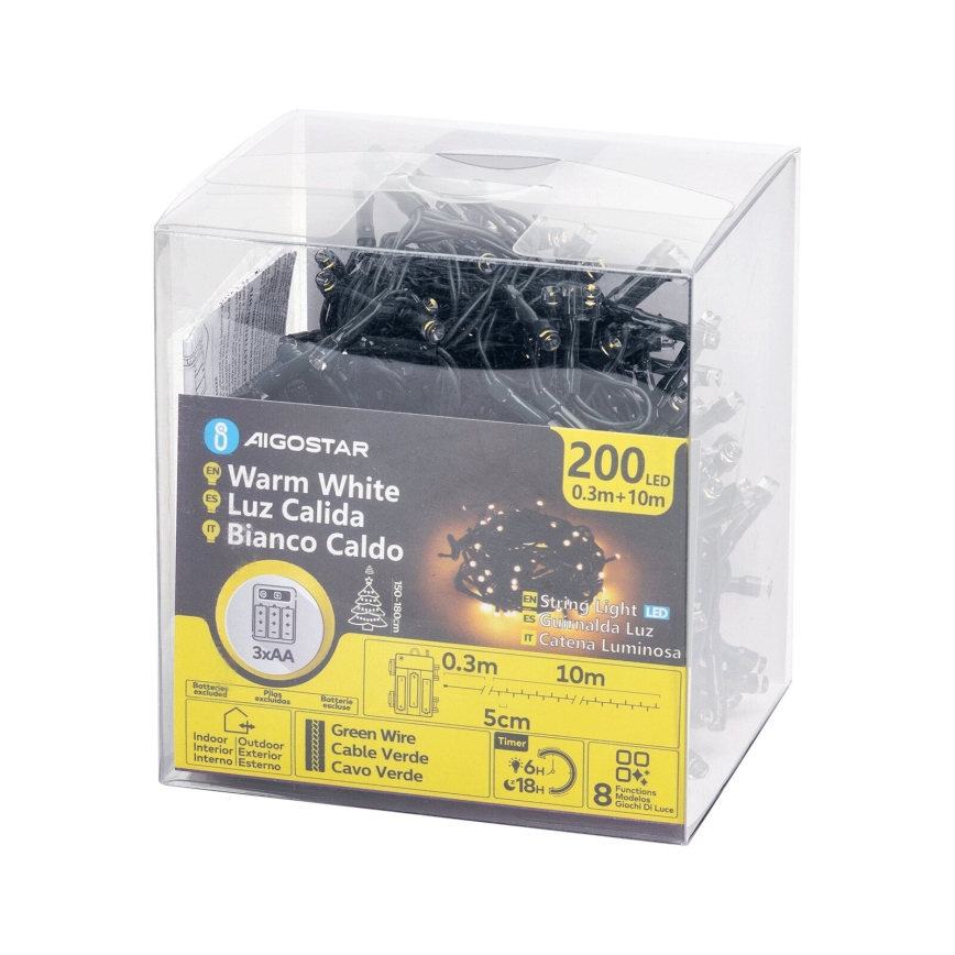 Aigostar - LED-Lichterkette für den Außenbereich, 200 LEDs / 8 Funktionen, 3×AA, 10,3 m, IP44, warmweiß