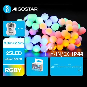 Aigostar - LED-Lichterkette für den Außenbereich, 25 LEDs, 3× AA-Batterien, 8 Leuchtfunktionen, 2,8 m, IP44, mehrfarbig