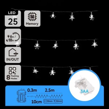 Aigostar - LED-Lichterkette für den Außenbereich, 25 LEDs / 8 Funktionen, 3×AA, 2,5 m, IP44, kaltweiß