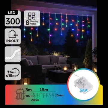 Aigostar - LED-Lichterkette für den Außenbereich, 300 LEDs, 8 Funktionen, 3xAA, 18x0,6 m, IP44, mehrfarbig
