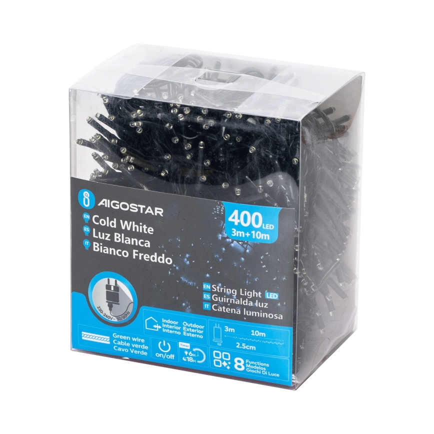 Aigostar - LED-Lichterkette für den Außenbereich, 400 LEDs / 8 Funktionen, 13 m, IP44, kaltweiß