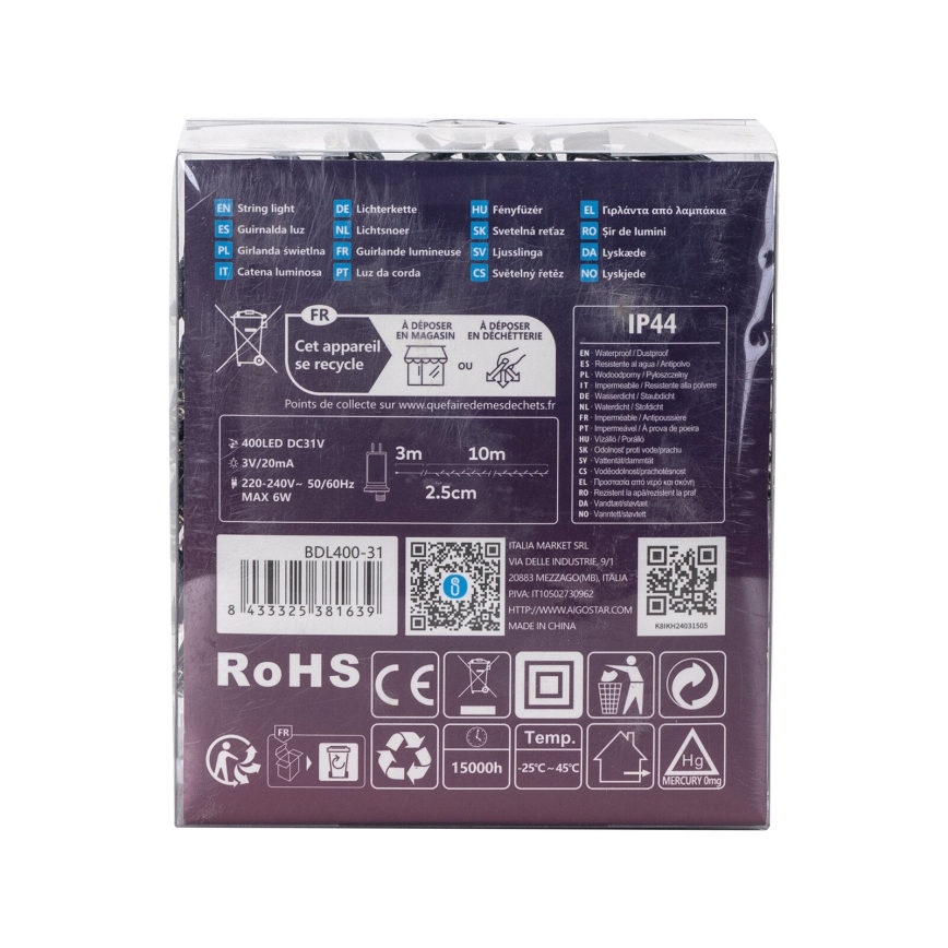 Aigostar - LED-Lichterkette für den Außenbereich 400 LEDs / 8 Funktionen 13m IP44 kaltweiß