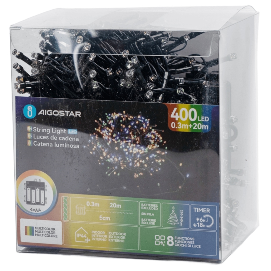 Aigostar - LED-Außen-Lichterkette, 400 LEDs, 8 Funktionen, 4×AA, 20,3 m, IP44, mehrfarbig