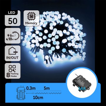 Aigostar - LED-Lichterkette für den Außenbereich, 50 LEDs / 8 Funktionen, 3× AA-Batterien, 5,3 m, IP44, kaltweiß