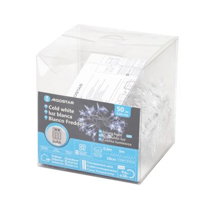 Aigostar - LED-Lichterkette für den Außenbereich, 50 LEDs, 8 Funktionen, 3×AA-Batterien, 5 m, IP44, kaltweiß