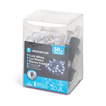 Aigostar - LED-Lichterkette für den Außenbereich, 50 LEDs / 8 Funktionen, 8 m, IP44, kaltweiß