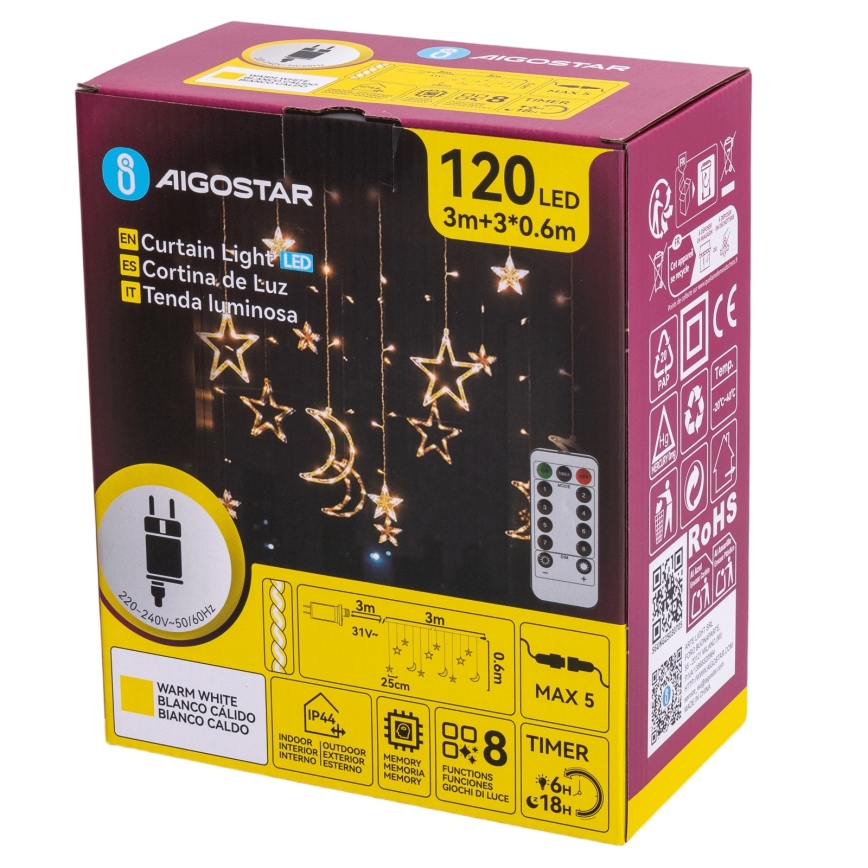 Aigostar - LED Außen-Lichterkette 120xLED/6W/230V/8 Funktionen 3x0,6m IP44 warmweiß + Fernbedienung