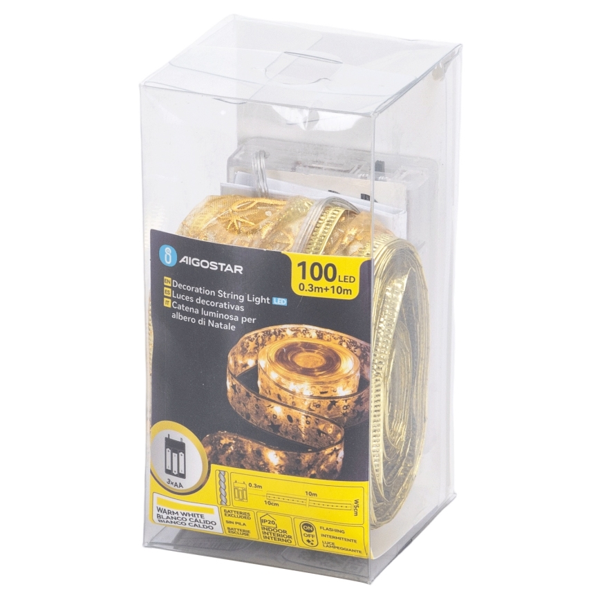 Aigostar - LED-Weihnachtslichterkette 100xLED/3xAA 10 m warmweiß gold