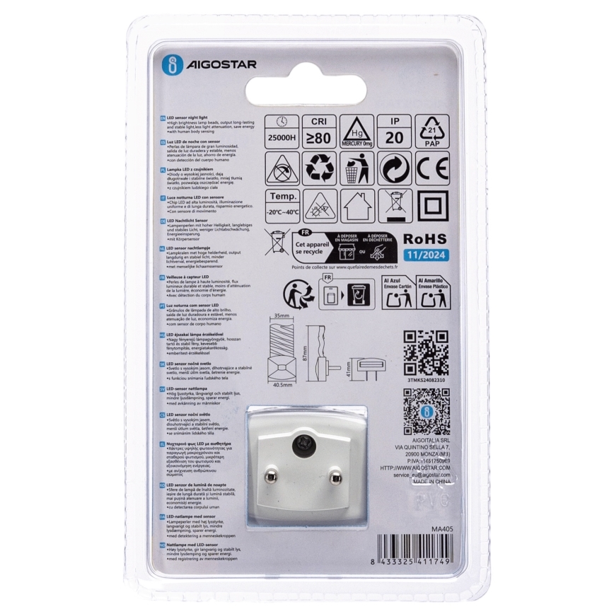 Aigostar - LED Nachtleuchte mit Dämmerungssensor LED/0,2W/230V 3000K